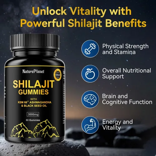 Vista 3 de NaturePlanet Gomitas Shilajit para hombres y mujeres, con aceite de semilla negra y ashwagandha, apoyo para la recuperación muscular, salud