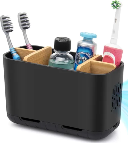 Vista 10 de GFWARE Soporte para cepillos de dientes negro – Portacepillos de dientes de bambú para baños, organizador de cepillos de dientes eléctrico