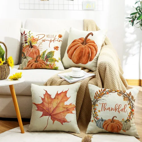 Vista 2 de Fundas de almohada de otoño con diseño de calabaza y hojas de arce naranja para el hogar, 18 x 18 pulgadas, decoración de agradecimientos bendecidos