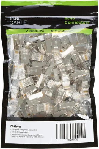 Vista 2 de TRUE CABLE Cat5e RJ45 conectores modulares de paso, conector de tierra interno blindado (STP), listado UL, EZ Crimp, chapado en oro, 3 clavijas