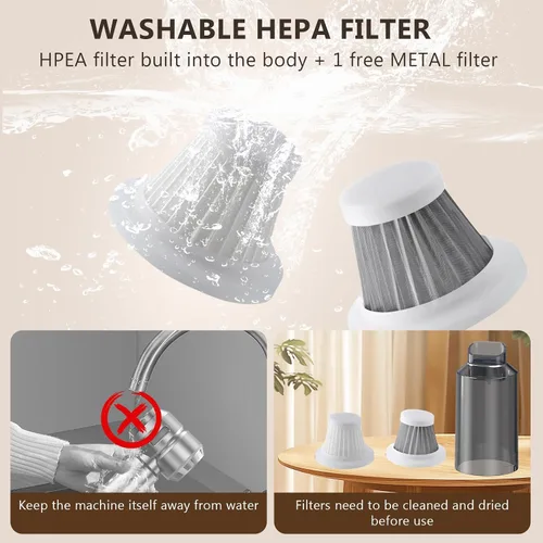 Vista 5 de Aspiradora de mano inalámbrica para automóvil, succión fuerte de 22000 Pa con motor sin escobillas, filtro HEPA, filtro de metal lavable adicional
