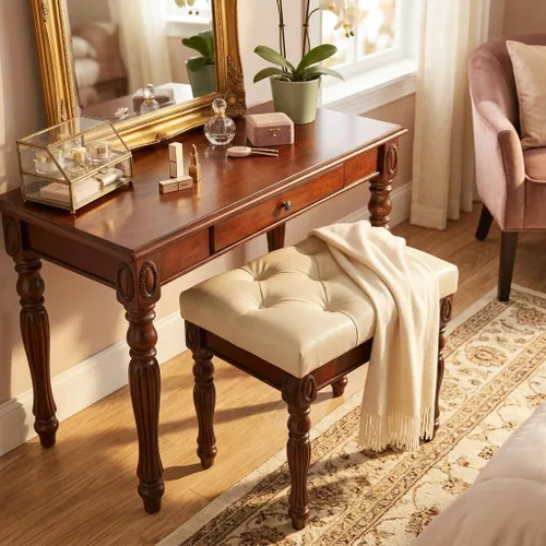 Vista 6 de Taburete de tocador con asiento tapizado, banco de piano con patas talladas de madera maciza, cojín acolchado para sillas de hogar, banco de tocador
