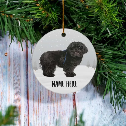 Vista 2 de Adorno de árbol de Navidad negro con nombre personalizado Shih Tzu, decoración de cerámica, regalos para mamá de perro