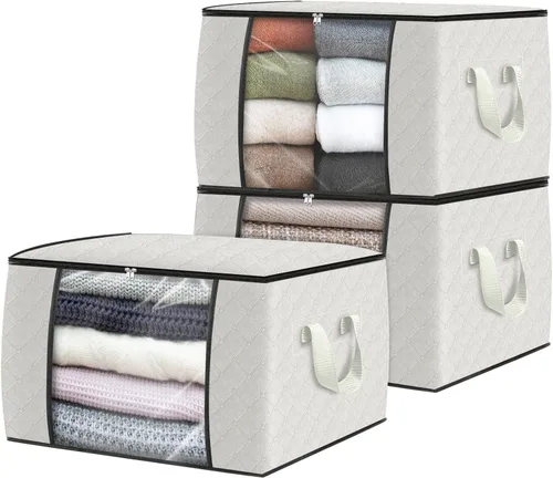 Vista 30 de Fab totes Paquete de 3 bolsas de almacenamiento plegables de tela gruesa, contenedores para organizar dormitorio, armario, ropa, edredón, Beige