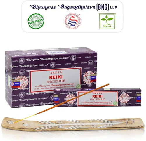 Vista 13 de Varillas de incienso Satya Champa, Paquete de 15gmx12 de inciensos Satya Bng con paquete de soporte de incienso Raajsee, Incienso natural Satya Nag