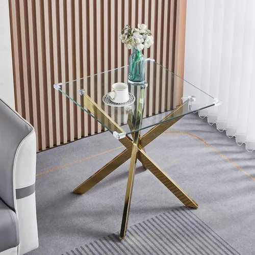 Vista 10 de Mesa de centro de cristal de 47 pulgadas, moderna tapa rectangular de vidrio templado con patas de metal con cruz dorada, mesa central de espacio