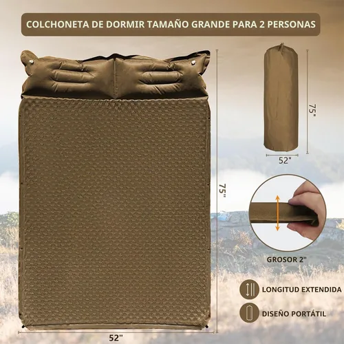 Vista 2 de Colchoneta de dormir doble para acampar con almohada, colchón de espuma viscoelástica de 2 pulgadas para 2 personas, almohadilla de campamento