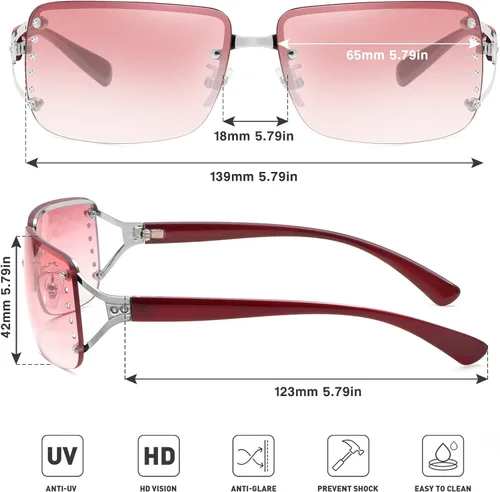 Vista 3 de Fozono Gafas de sol Y2K de moda para mujer, lentes rectangulares sin montura con gradiente Y2K, gafas de sol estéticas de moda