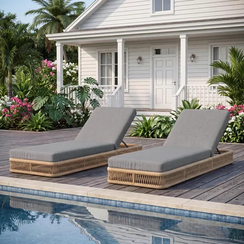 Vista 36 de Outdoor Chaise Lounge Chairs Set of 2, Brown Woven Rope Pool Lounge Chairs marrón/beige