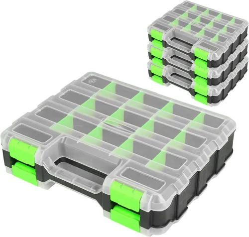 Vista 13 de Jack Boss Caja de herramientas con tapa transparente, caja organizadora de 34 compartimentos de doble cara con divisores extraíbles para herrajes