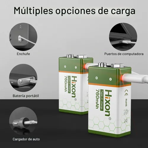 Vista 8 de Hixon Baterías de litio recargables USB de 9 V, baterías de iones de litio de larga duración de 760 mAh de 9 voltios con cable de carga tipo C