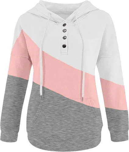 Vista 6 de Sudaderas con capucha de moda con bloques de color para mujer sueltas casuales con botones manga larga con cordón con bolsillo