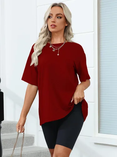 Vista 3 de Camisetas de gran tamaño para mujer, de manga corta, ajuste holgado, para verano, casual, básicas