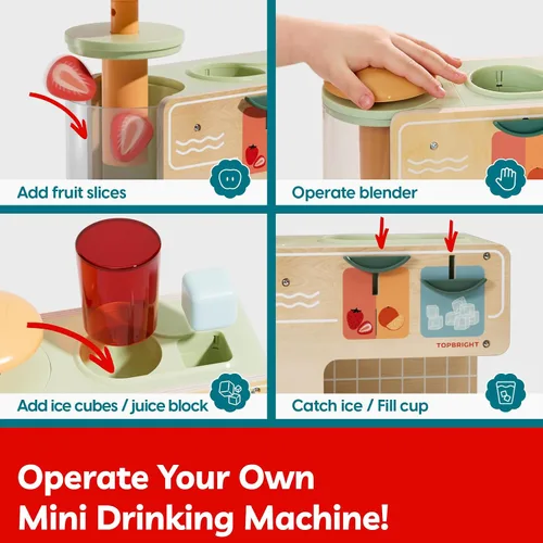 Vista 2 de TOP BRIGHT Dispensador de Bebidas de Madera para Juegos de Simulación, Juegos de Comida para Cocina Infantil con Tazas, Insertos de Jugo, Cubitos