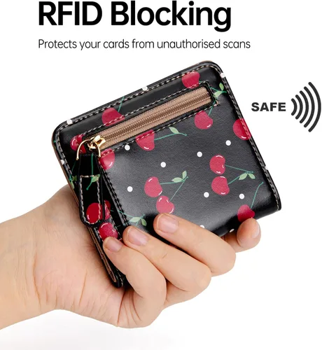 Vista 3 de Walle Rfid - Cartera pequeña y compacta con bolsillo plegable para mujer, minicarjetero de viaje con ventana de identificación, Cereza Negra, Lindo