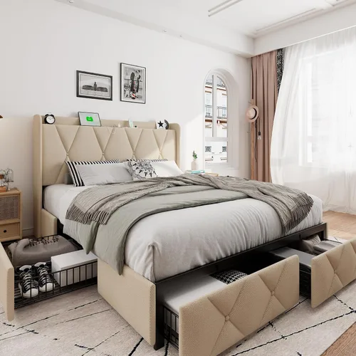 Vista 15 de iPormis - Marco de cama de tamaño matrimonial con 4 cajones de almacenamiento, base de cama tapizada con estación de carga, cabecera de Beige
