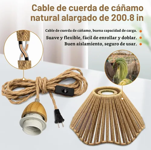 Vista 4 de Luces colgantes rústicas de granja con cable enchufable, cable de cuerda de cáñamo trenzada de 16.7 pies, pantalla tejida de cáñamo de 23x10 cm