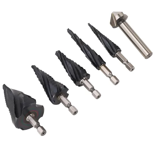 Vista 2 de Step Drill Bit Set, 4 Flute M35 Cobalt Pagoda Drill Bit Kit, 1/4 Inch Shank for Less Steel Hard Metal, Step for Wood Pla Aluminum Copper, Includes 5