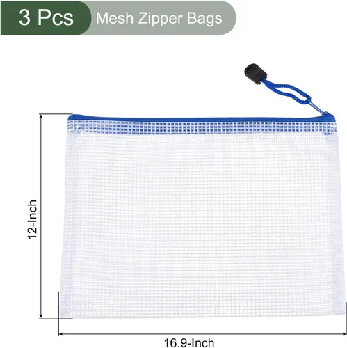 Vista 2 de YOKIVE Paquete de 3 bolsas de malla con cremallera, bolsillos de malla A3, bolsa de plástico para documentos, ideal para electrodomésticos