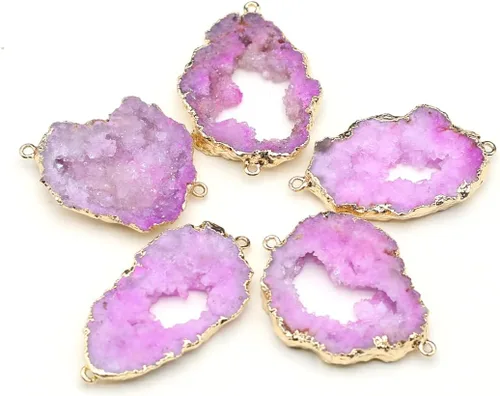 Vista 7 de LE SKY Conectores de piedra natural coloridos irregulares druzy geoda ágata borde dorado encanto de enlace de piedra para hacer joyas collar