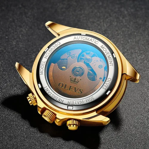 Vista 5 de OLEVS reloj mecánico automático, reloj de cuerda automático de lujo para hombre a prueba de agua, acero inoxidable.