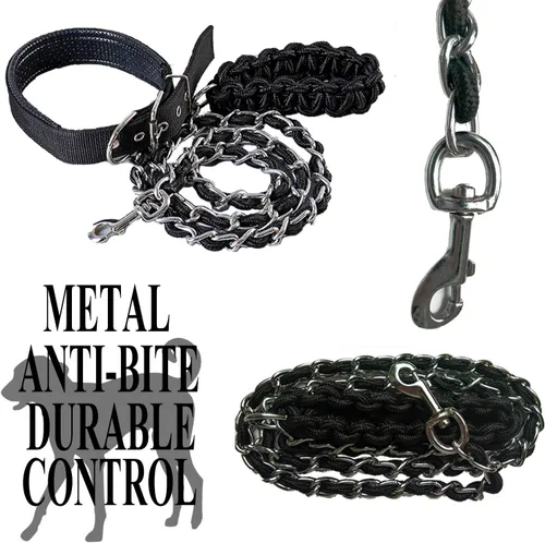 Vista 7 de Correa de metal para perro, correa de cadena con collar para mascotas, correas de entrenamiento para caminar, resistente, antimordeduras, gancho 360