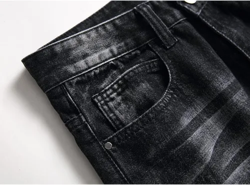 Vista 6 de Pantalones rajados para hombre, de mezclilla, ajuste regular, pierna acampanada, de corte entallado, con agujeros, pantalones de hombre de mezclilla