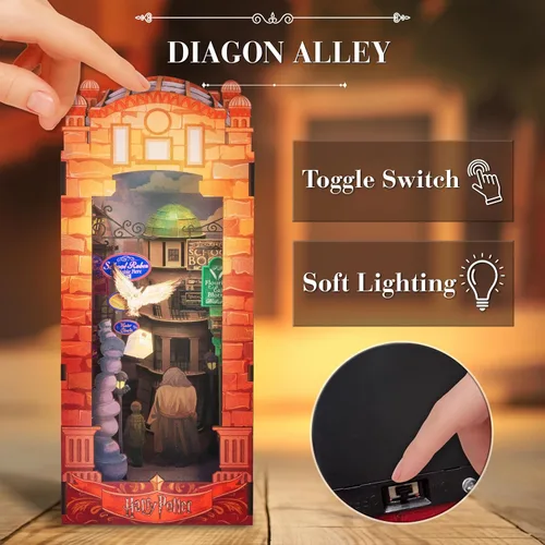 Vista 3 de Harry Potter Diagon Alley Book Nook Kit – Rompecabezas de madera 3D de bricolaje con luces LED Decoración de estantería de bricolaje Mundo