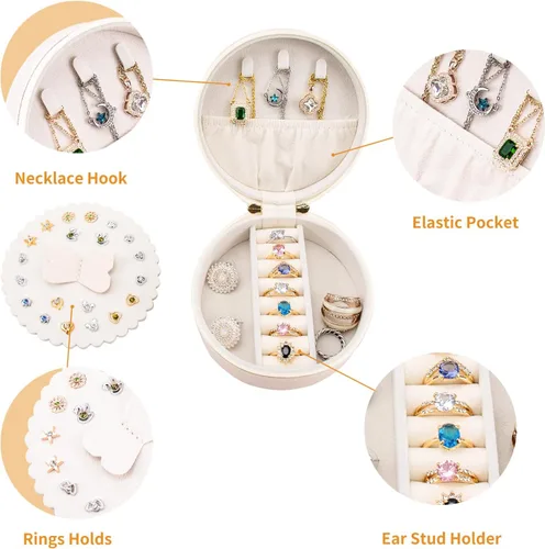 Vista 3 de Joyero pequeño de viaje para mujer, joyero de lujo de piel sintética, organizador de forma redonda para anillos, collares, aretes, regalo