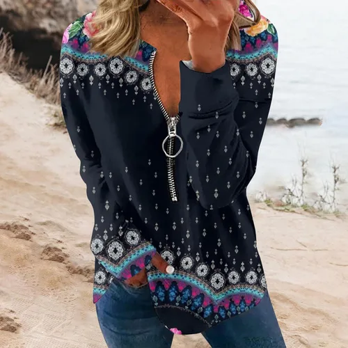 Vista 2 de Trajes navideños para mujer, camisetas de manga larga con cuello en V, estampado 2023 con cremallera de un cuarto