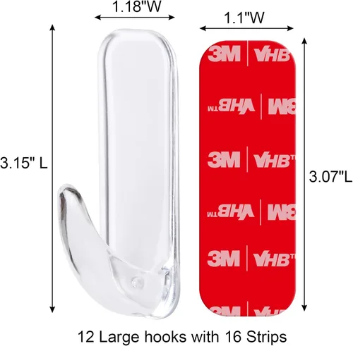 Vista 2 de Ganchos de pared para colgar de servicio pesado, 12 grandes autoadhesivos de pared con 16 tiras sin daño, adhesivo transparente para llaves, ducha