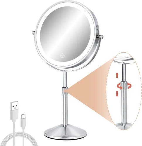 Vista 9 de 8" Makeup Mirror with Lights, 1X/10X Lighted Vanity Mirror with Magnification, 3 Color Adjustable Brightness, 360° Rotating Dual-Side, USB