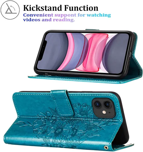 Vista 4 de Funda tipo cartera para iPhone 11, diseño de mariposas y flores (azul) Embossed PU Leather, TPU Interior, Flip Case Folio Cover, Stand, Cash