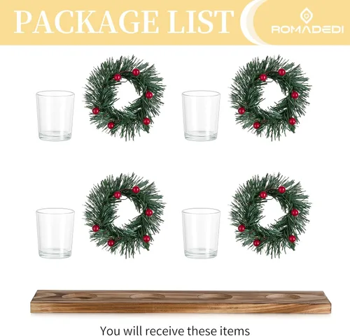 Vista 8 de Portavelas de Navidad para decoración de centro de mesa: Romadedi Rustic 4 portavelas con mini coronas de Navidad, bandeja de madera para Navidad