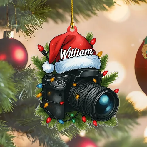 Vista 5 de Adorno de fotógrafo personalizado 2025, adorno de cámara con nombre, decoración de árbol para amantes de la fotografía, recuerdo único de vacaciones