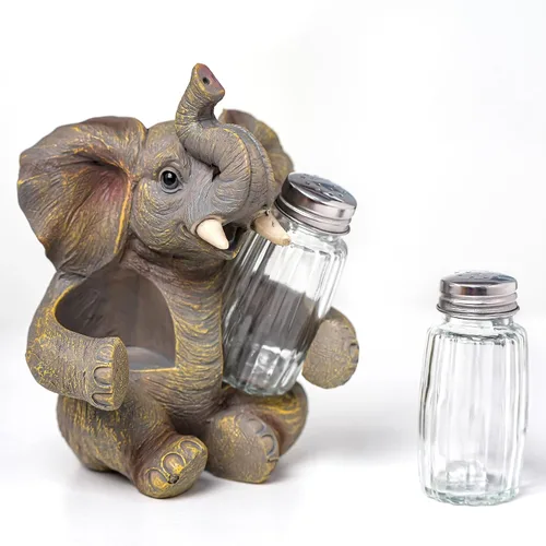 Vista 5 de Juego de saleros y pimenteros de elefante con tarros de especias de cristal, dispensador de sal y pimienta con figura de elefante de resina