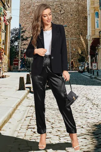 Vista 6 de ft FENTENG Conjunto de pijama de satén para mujer, de manga larga, suave, con botones, de seda, con pantalones