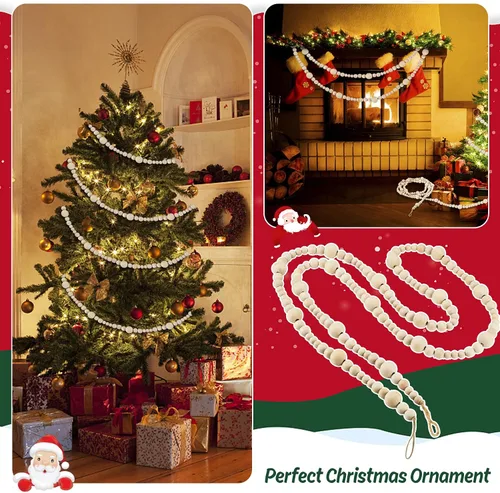 Vista 5 de 2 piezas de guirnalda de cuentas de madera para Navidad, guirnalda de cuentas de madera de 14.4 pies para decoración de árbol de Navidad, cuentas