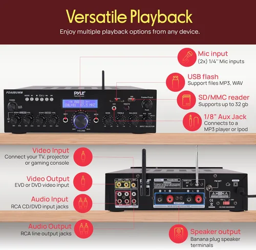 Vista 2 de Pyle Combo de micrófono inalámbrico/amplificador Bluetooth, potencia máxima de 200 W, receptor de audio estéreo de doble canal con USB - Reproductor