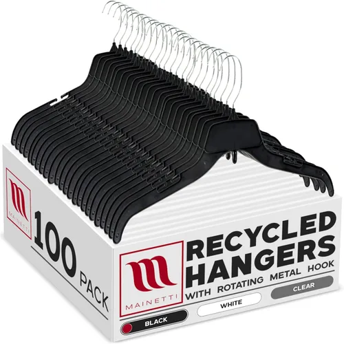 Vista 8 de Mainetti 484 - Ganchos de plástico negro reciclado - Paquete de 20 con colgador giratorio de metal y muescas para tirantes, ideal para camisas
