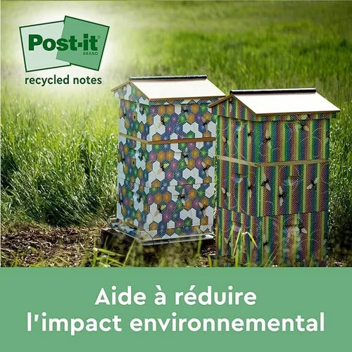 Vista 6 de Post-it Notas superadhesivas 100% recicladas, paquete de 3 blocs, 70 hojas por bloc, 1.874 in x 1.874 in, rosa, verde, azul, notas extra adhesivas