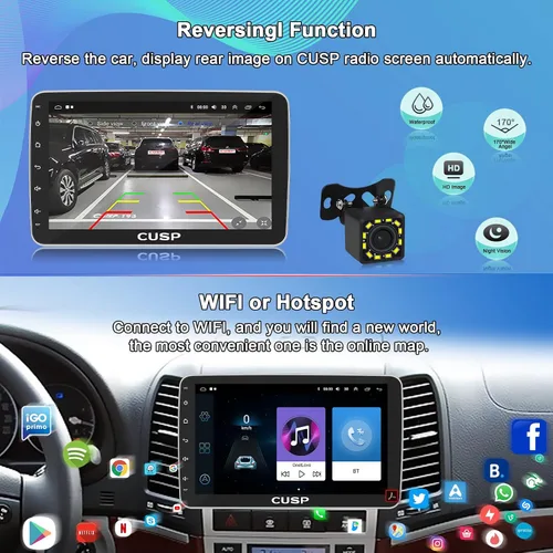 Vista 4 de CUSP Radio estéreo de coche doble DIN Android de 10.1 pulgadas con CarPlay inalámbrico y Android Auto, pantalla táctil QLED giratoria de 360°