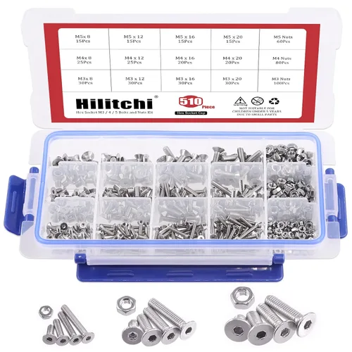Vista 9 de Hilitchi Juego de 510 tornillos de cabeza hexagonal de acero inoxidable M3 M4 M5, cabeza de botón, tornillos y tuercas, acero inoxidable 304