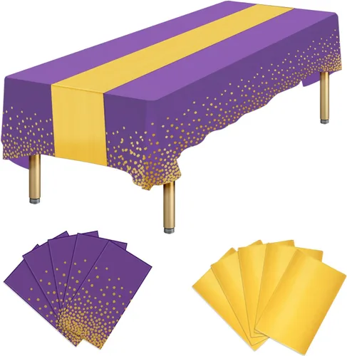Vista 20 de Paquete de 10 manteles rectangulares de plástico y camino de mesa de satén, mantel desechable negro rectangular y dorado para cumpleaños