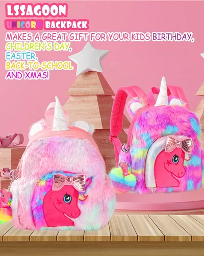 Vista 7 de LSSAGOON Mochila de felpa de unicornio para niñas, bonita bolsa de libro escolar de piel sintética suave, mochilas Kawaii esponjosas para niños.