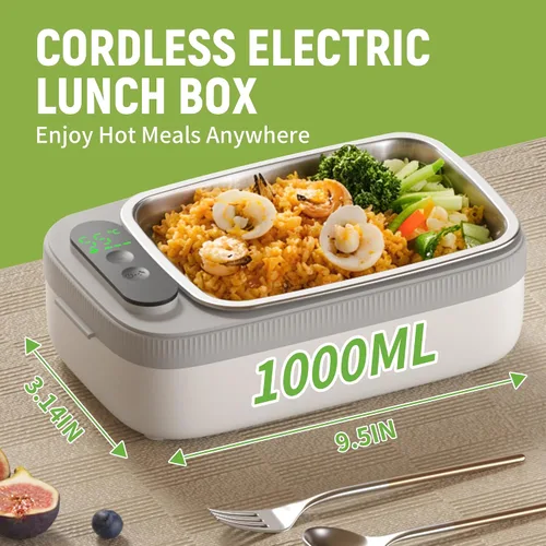 Vista 2 de Fiambrera eléctrica inalámbrica, 14000 mAh recargable con bolsa grande para adultos, calentador de alimentos portátil autocalentable de 1 litro