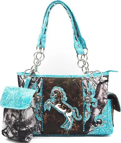Vista 2 de Camuflaje Estilo Occidental Totes Bolso Floral Tachonado Bolso de Cuero Tooled Bolso de Cuero de las Mujeres del País Bolsa de Hombro Cremallera