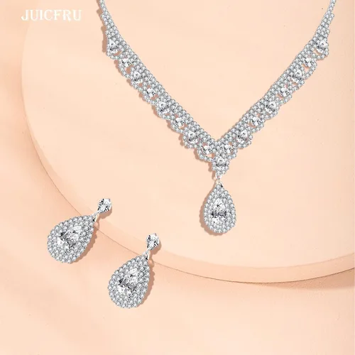 Vista 6 de Juego de joyas de plata para mujer, juego de joyería nupcial para boda, collar de lágrima, aretes, joyería de graduación de plata para mujeres