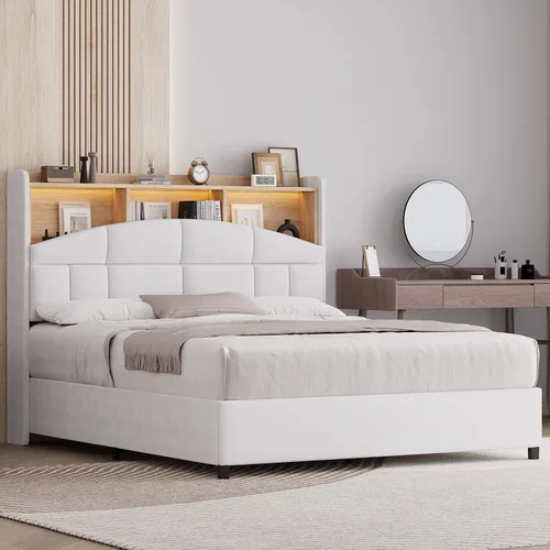 Vista 8 de REVOMINCA Marco de cama de tamaño completo con cabecero, marco de cama tapizado de terciopelo con luces LED, plataforma de tamaño completo