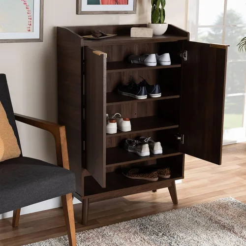 Vista 9 de Baxton Studio Lena Mid-Century - Armario moderno de madera con 5 estantes con acabado marrón nogal